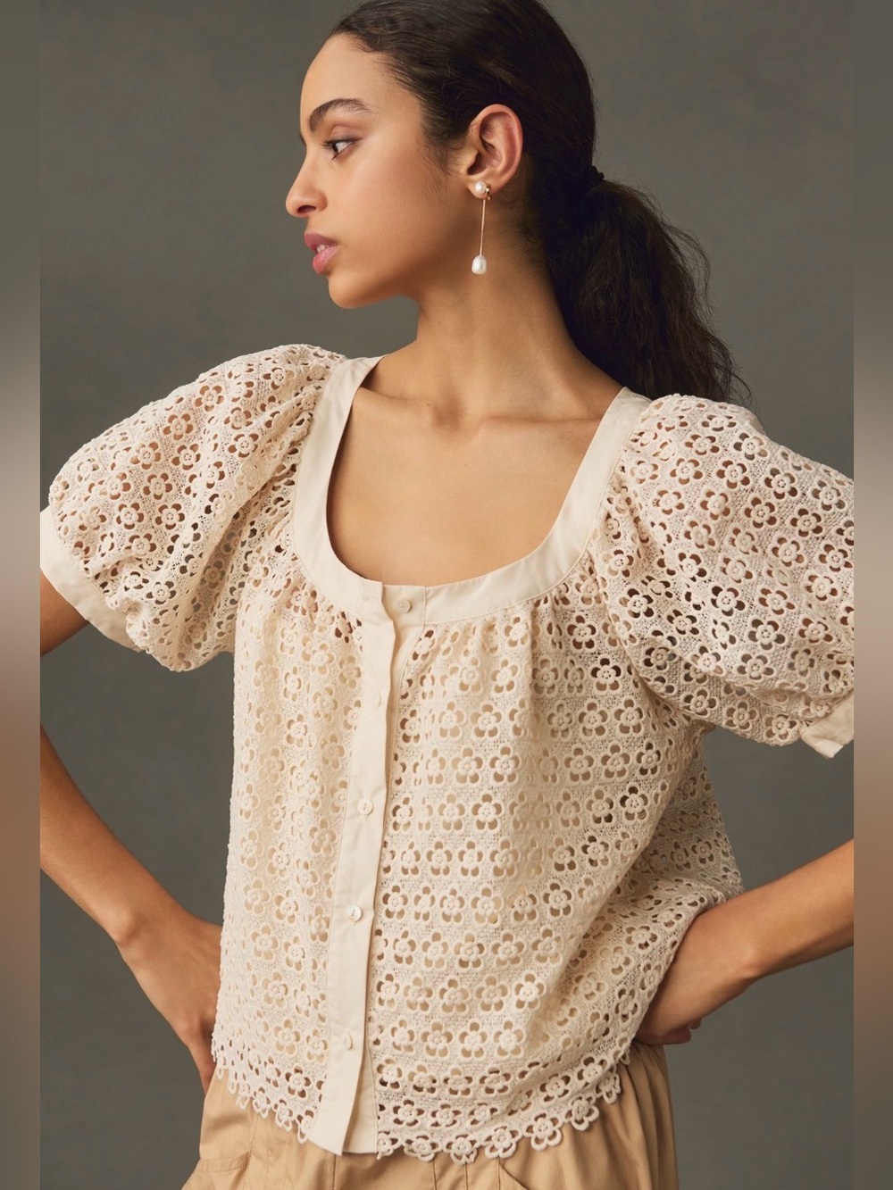 Blue Tassel Puff Sleeve Lace Blouse